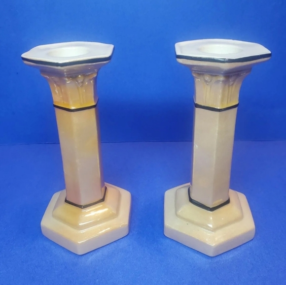 Pedestal Roman Column Candlestick Holders Vintage Lusterware Unique Peach Beige - Picture 8 of 9